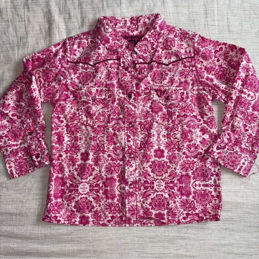 Cowgirl Hardware Western Floral Button-Down Shirt Pink & White Size 4T - Picture 5 of 8